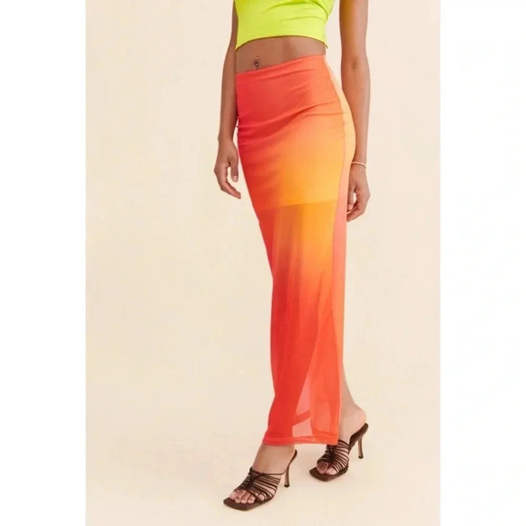 Boskemper Mesh Colorblock Maxi Skirt Sheer Long Ombre Orange - Picture 1 of 15
